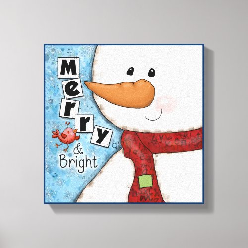 Merry and Bright Christmas Snowman and Red Bird Canvas Print