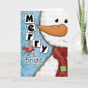 Merry and Bright Christmas Snowman and Red Bird Holiday Card