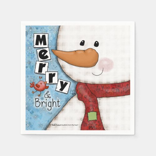 Merry and Bright Christmas Snowman and Red Bird Napkins