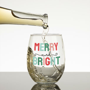 Merry and Bright Christmas Stemless Wine Glass