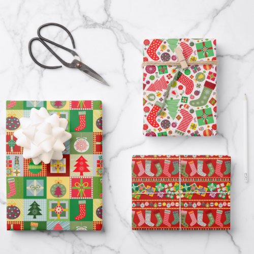 Merry and Bright Christmas Stockings Trees Gifts  Wrapping Paper Sheets
