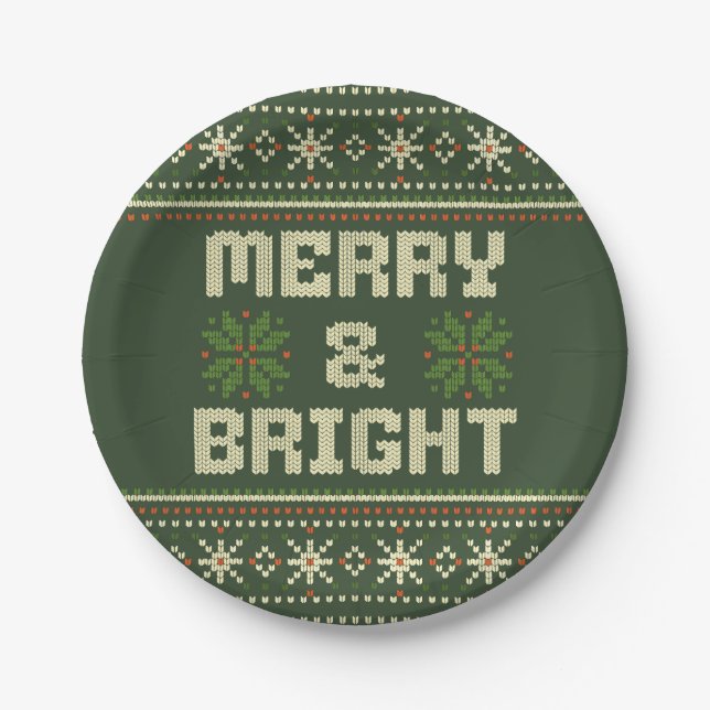 Merry and Bright Christmas Sweater Nordic Knit  Paper Plates (Front)