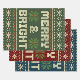 Merry and Bright Christmas Sweater Nordic Knit  Wrapping Paper Sheets