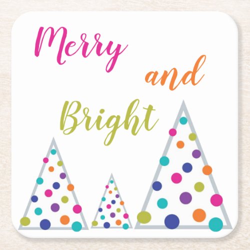 Merry and Bright Christmas Tree Square Paper Coaster