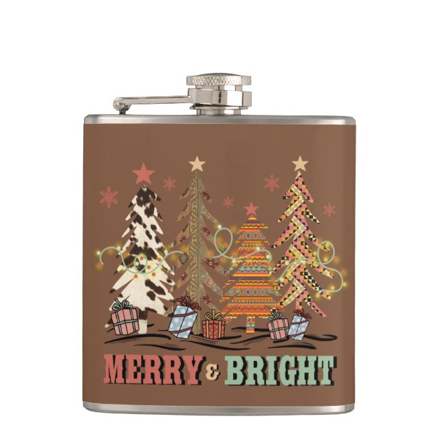 Merry And Bright Christmas Trees Boho Western Flask (Front)
