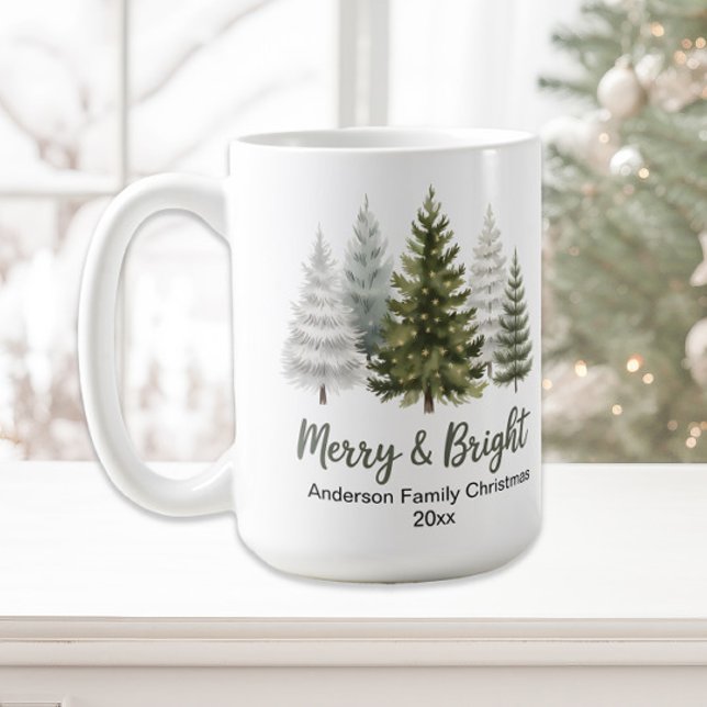 Merry and Bright Christmas Trees Family Keepsake Coffee Mug (Pine trees "Merry and Bright" family name Christmas mug)