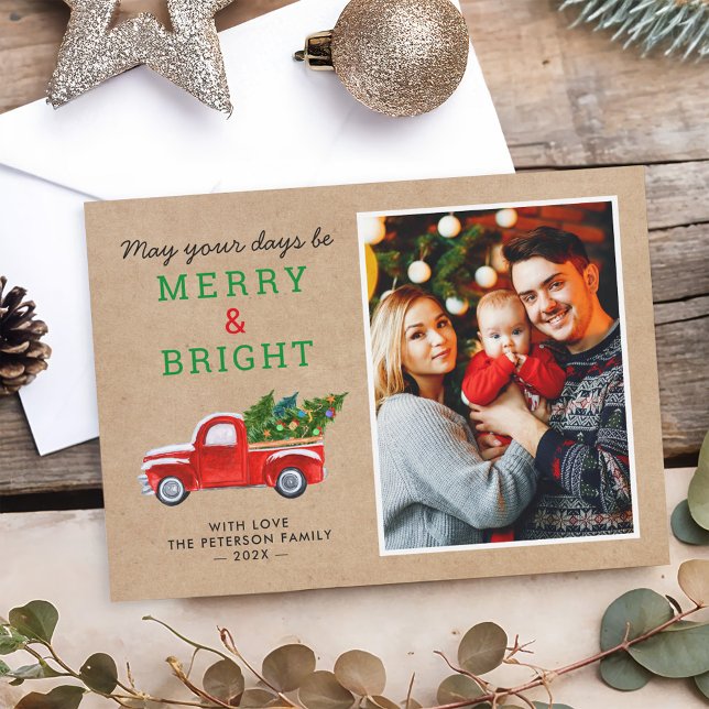 Merry and Bright Christmas Truck Kraft Look Photo Holiday Card (Creator Uploaded)