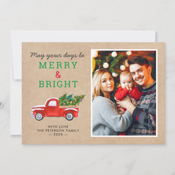 Merry and Bright Christmas Truck Kraft Look Photo Holiday Card