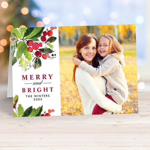 Merry and Bright Christmas Watercolor Photo Holiday Card