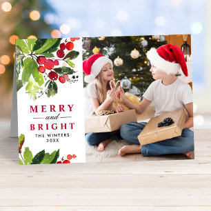 Merry and Bright Christmas Watercolor Photo Holiday Card