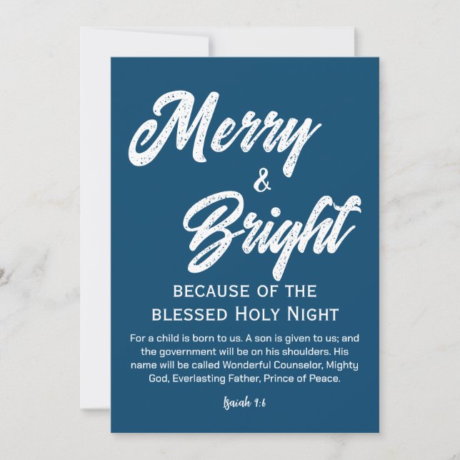 Merry and Bright Christmas White Script Blue Holiday Card (Front)