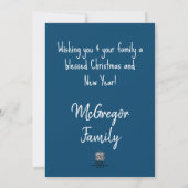 Merry and Bright Christmas White Script Blue Holiday Card (Back)