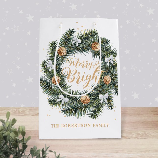 Merry and Bright Christmas Wreath Holiday Medium Gift Bag (Creator Uploaded)