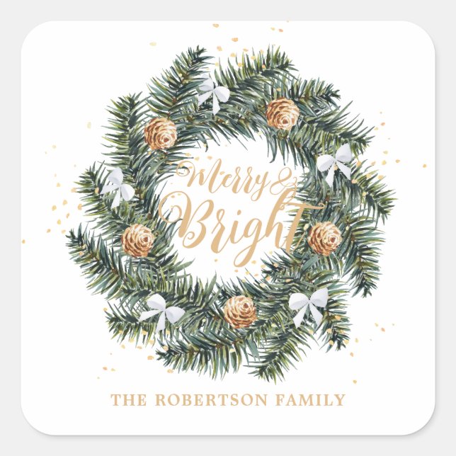 Merry and Bright Christmas Wreath Holiday Square Sticker (Front)