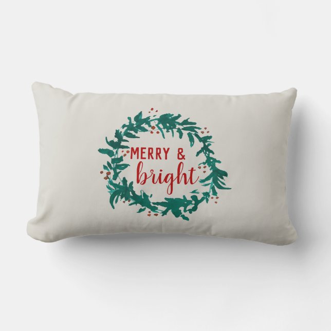 Merry and Bright Christmas Wreath Lumbar Pillow (Front)