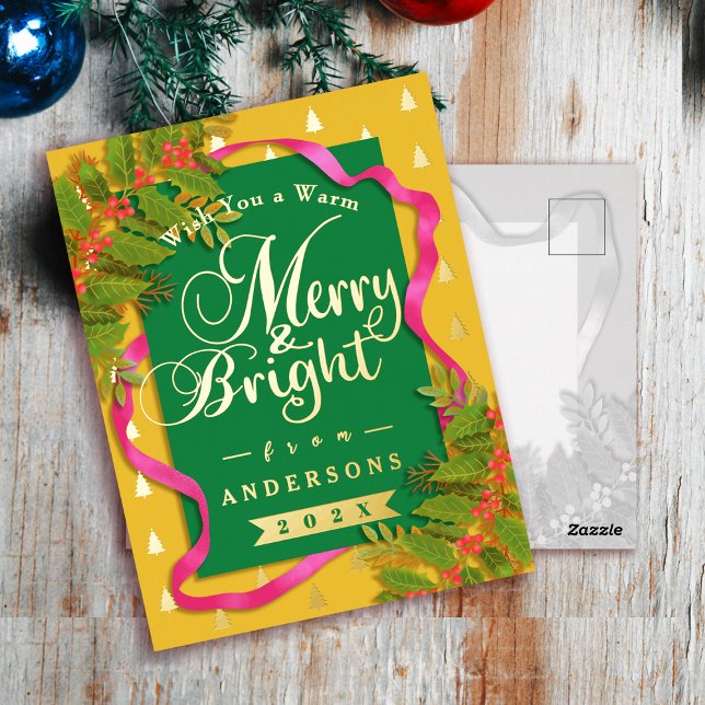 Merry and Bright Christmas Yellow Green Foil Holiday Postcard (Merry and Bright Christmas Yellow Green Foil Holiday Postcard)