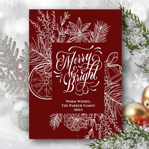 Merry and Bright Citrus Pine Tree Bough Red Simple Holiday Card