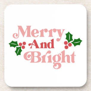 Merry and Bright - Classic Holiday Typography Beverage Coaster