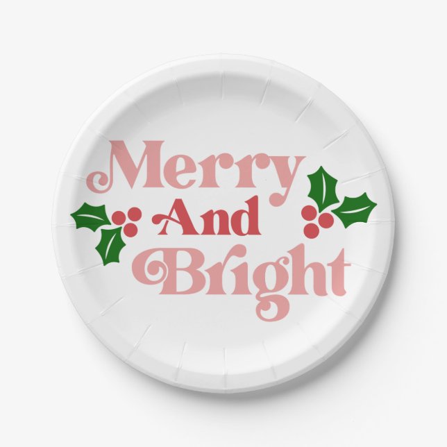 Merry and Bright - Classic Holiday Typography Paper Plates (Front)