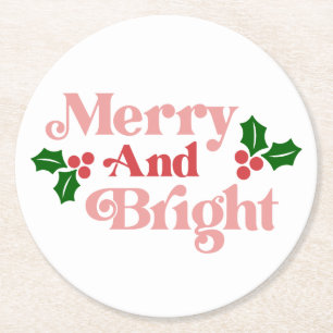 Merry and Bright - Classic Holiday Typography Round Paper Coaster
