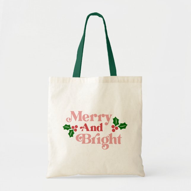 Merry and Bright - Classic Holiday Typography Tote Bag (Front)