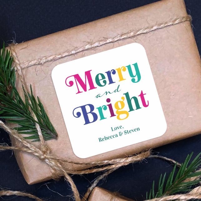 Merry and Bright Colorful Christmas Holiday Square Sticker (Creator Uploaded)