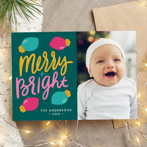 Merry and Bright Colorful Christmas Lights Photo Holiday Card