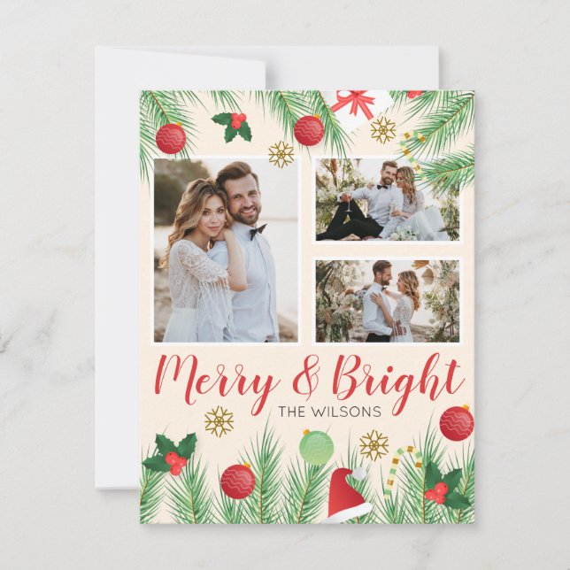 Merry and Bright Colorful Christmas Photo Collage Holiday Card (Front)