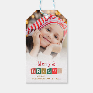 merry and bright colorful christmas photo holiday gift tags