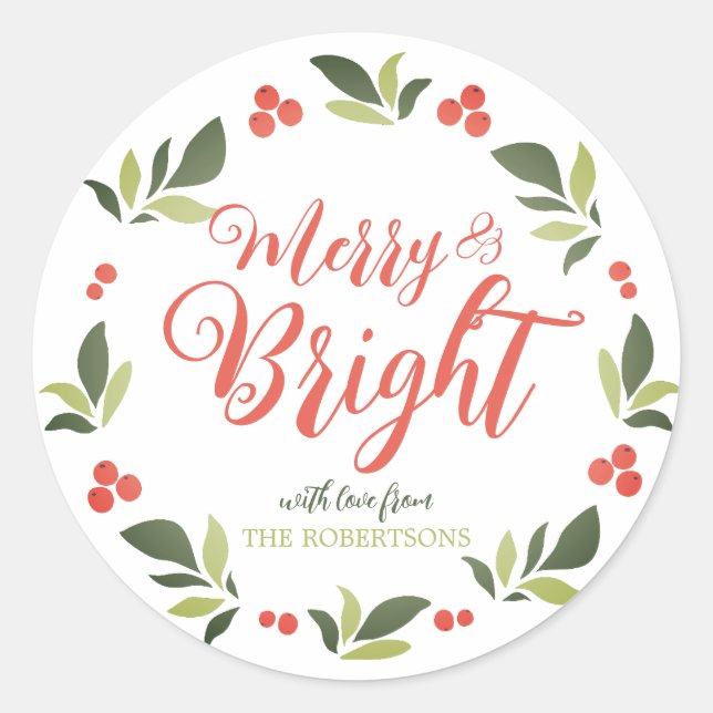 Merry and Bright Colorful Christmas Wreath Sticker (Front)