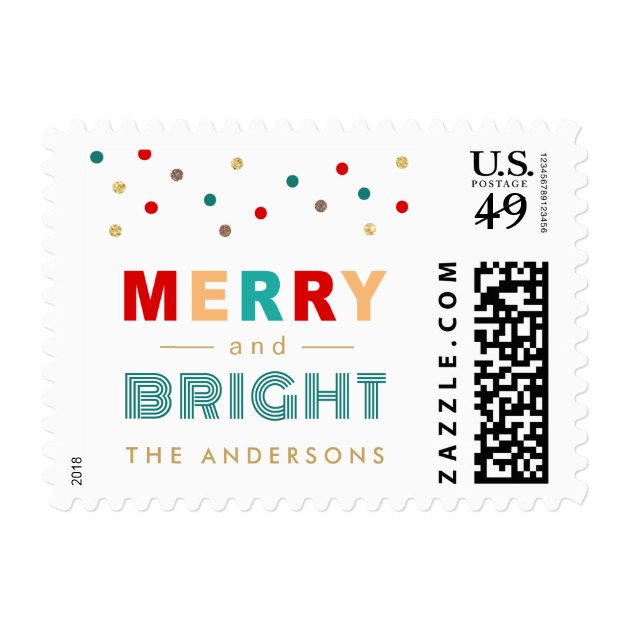 Merry And Bright Colorful Confetti Dots Christmas Postage
