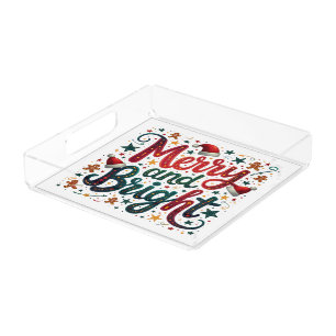 Merry and Bright Colorful Festive Retro Typography Acrylic Tray