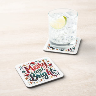 Merry and Bright Colorful Festive Retro Typography Beverage Coaster