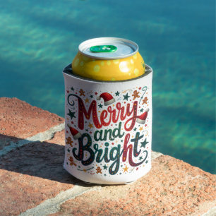 Merry and Bright Colorful Festive Retro Typography Can Cooler
