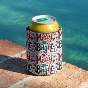 Merry and Bright Colorful Festive Retro Typography Can Cooler
