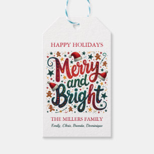 Merry and Bright Colorful Festive Retro Typography Gift Tags