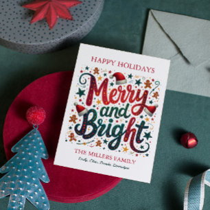 Merry and Bright Colorful Festive Retro Typography Holiday Card