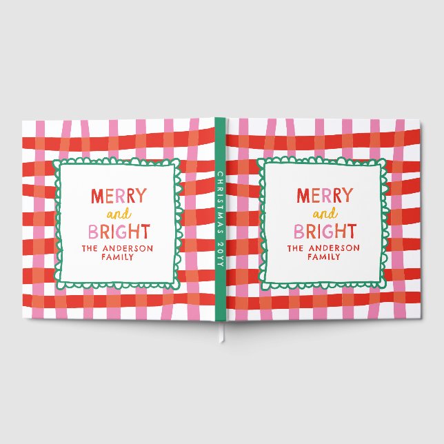 Merry and Bright Colorful Gingham custom name Guest Book (Full)