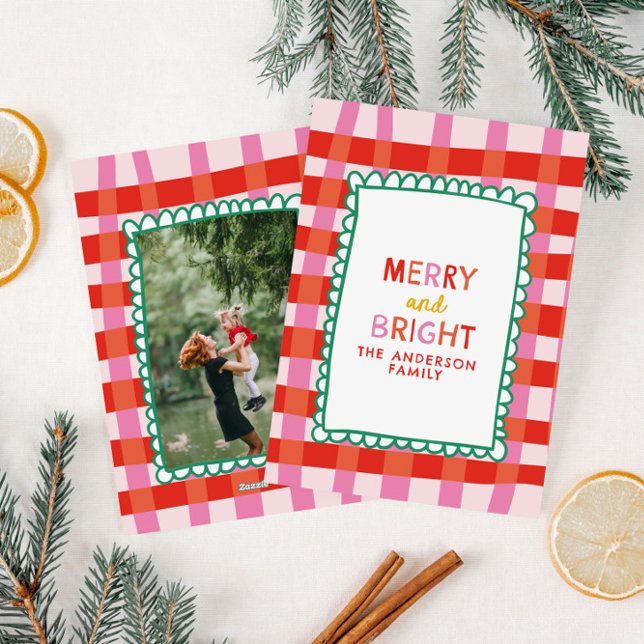 Merry and Bright Colorful Gingham custom name Holiday Card (Creator Uploaded)