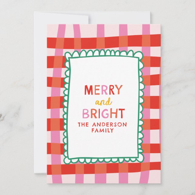 Merry and Bright Colorful Gingham custom name Holiday Card (Front)