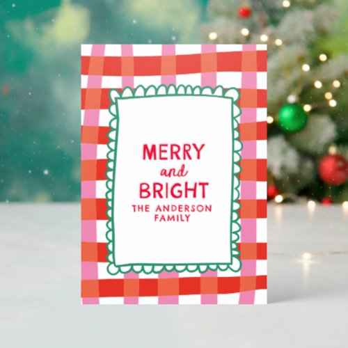 Merry and Bright Colorful Gingham custom name Letterpress Photo Cards