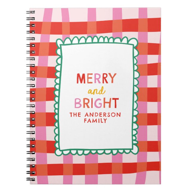 Merry and Bright Colorful Gingham custom name Notebook (Front)