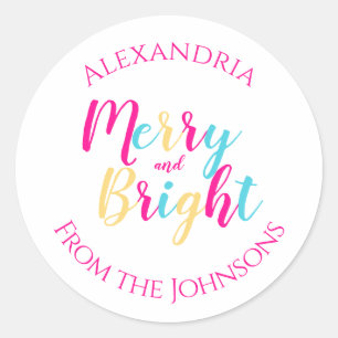 Merry and Bright Colorful Personalized Family Name Classic Round Sticker