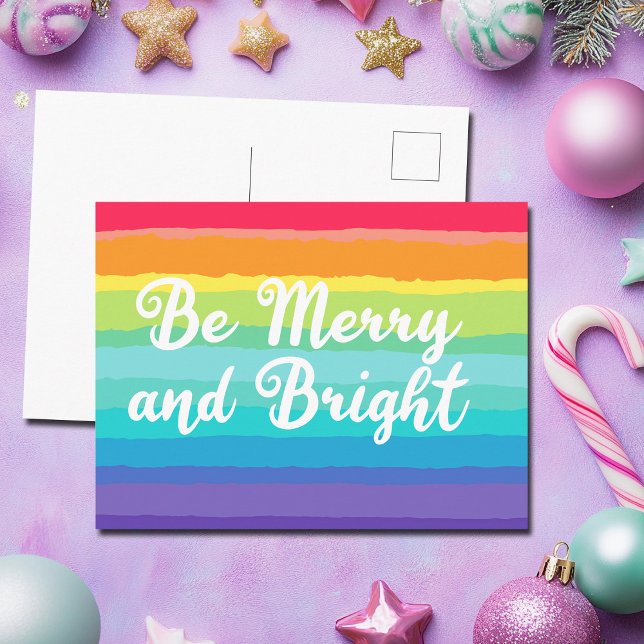 Merry and Bright Colorful Rainbow Pride Christmas Postcard (Creator Uploaded)