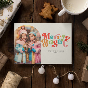 Merry And Bright Colorful Retro Photo Christmas Holiday Card