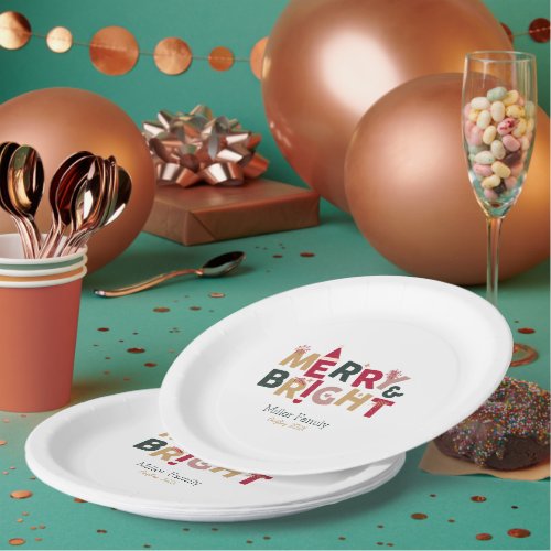 Merry and Bright Colorful Retro Typography Paper Plates