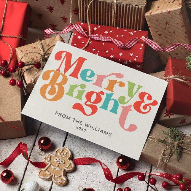 Merry And Bright Colorful Retro Vibes Christmas Holiday Card (Creator Uploaded)