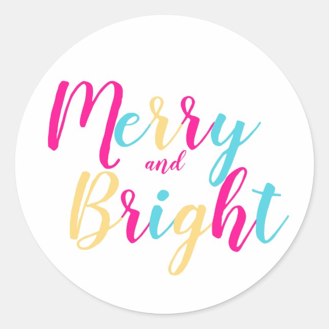 Merry and Bright Colorful Script Christmas Classic Round Sticker (Front)