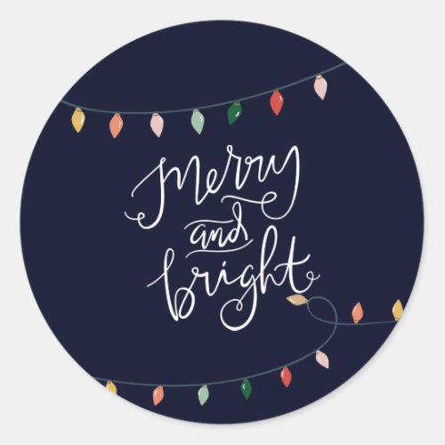Merry and Bright Colorful String of Lights Blue Classic Round Sticker