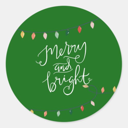 Merry and Bright Colorful String of Lights Green Classic Round Sticker